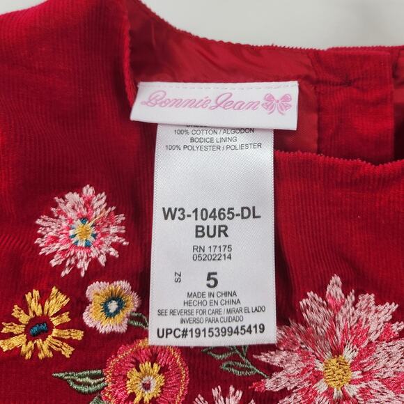 Bonnie Jean Red Velvet Floral Embroidered Velvet Dress Girls Size 5 - Picture 3 of 3